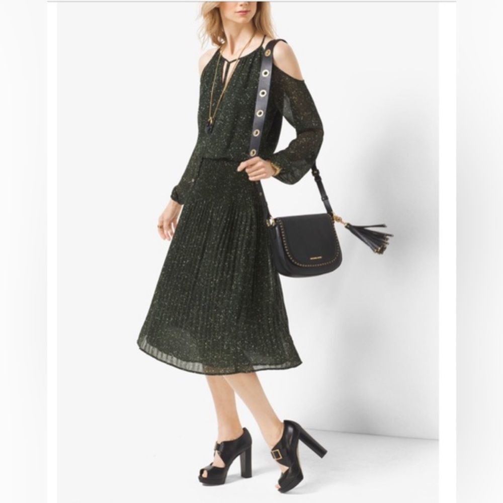 MICHAEL Michael Kors Olive Green Metallic Cold-Shoulder Pleated Midi Dress